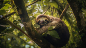 Three toed sloths resting on tree branch