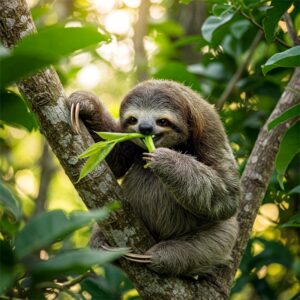 sloth eating green leaves on a tree branch